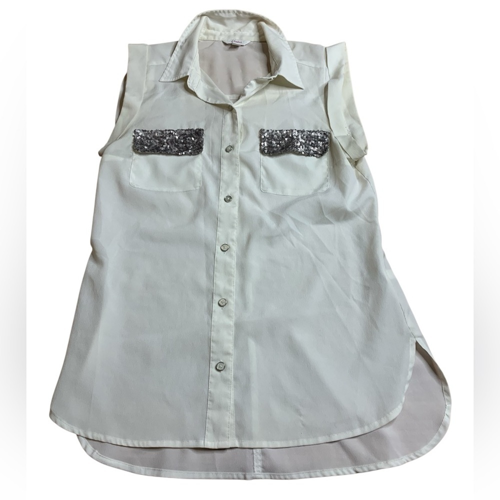 💜 Candie’s White Sleeveless Sequin Pocket Button Down Top - Size M